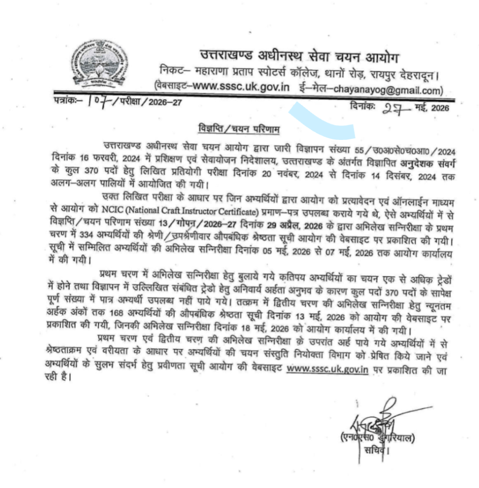 विज्ञप्ति /चयन परिणाम